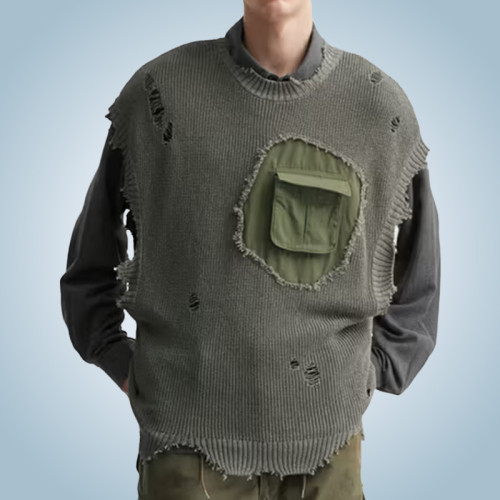 Custom Sleeveless Knit Sweater | Patchwork Distressed Sweater | Vintage Streetwear Sweater | OEM ODM Manufacturer