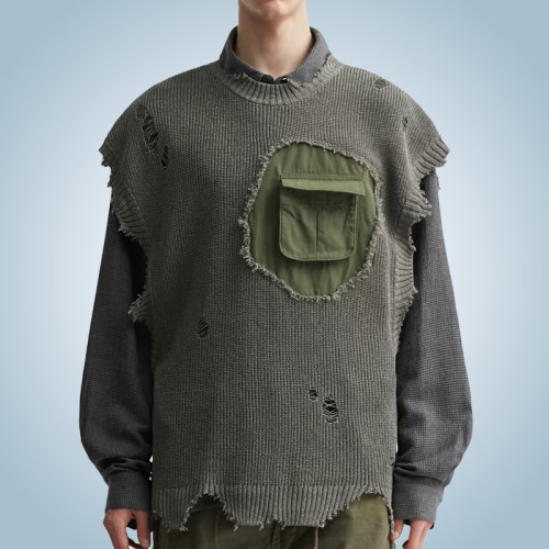 Custom Sleeveless Knit Sweater | Patchwork Distressed Sweater | Vintage Streetwear Sweater | OEM ODM Manufacturer