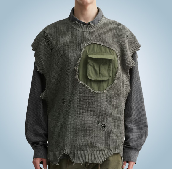 Custom Sleeveless Knit Sweater | Patchwork Distressed Sweater | Vintage Streetwear Sweater | OEM ODM Manufacturer