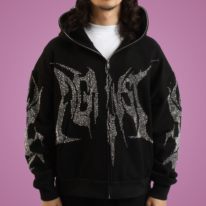 Custom Logo Full Zip Hoodie | Rhinestone Hoodie | Oversize Heavyweight Hoodie | Streetwear Hoodie Manufacturer