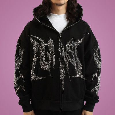 Custom Logo Full Zip Hoodie | Rhinestone Hoodie | Oversize Heavyweight Hoodie | Streetwear Hoodie Manufacturer