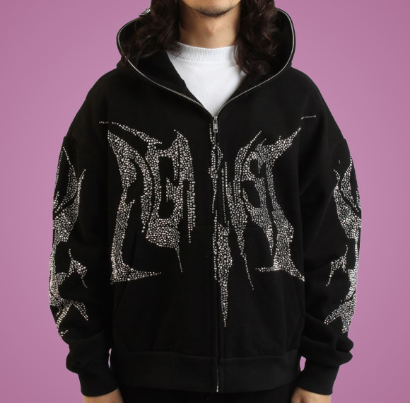 Custom Logo Full Zip Hoodie | Rhinestone Hoodie | Oversize Heavyweight Hoodie | Streetwear Hoodie Manufacturer