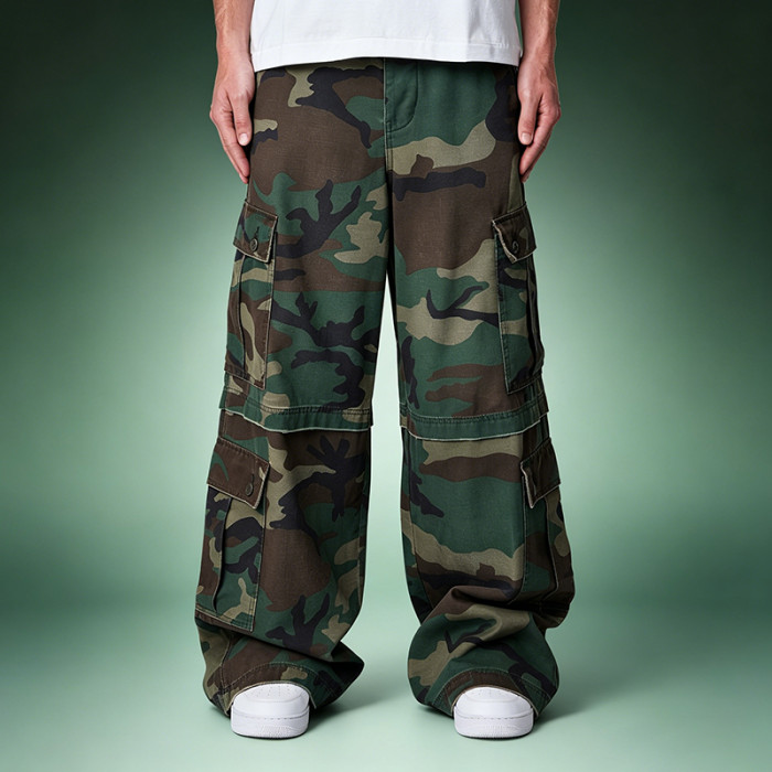 Custom Patchwork Camouflage Pants | Multi-pocket Cargo Pants | Loose Wide-leg Trousers
