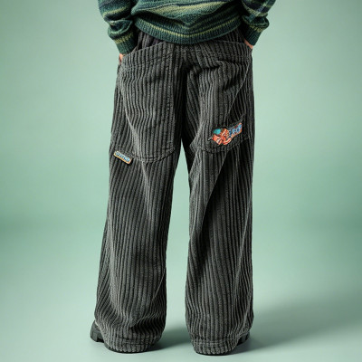 OEM Custom Casual Vintage Pants  |  Wide-leg Corduroy Embroidery Pants | Streetwear Manufacturer