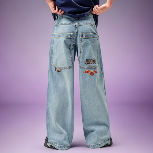 Custom Casual baggy Men's Denim Pants | Washed Embroidery Jeans | Pants Manufacturer