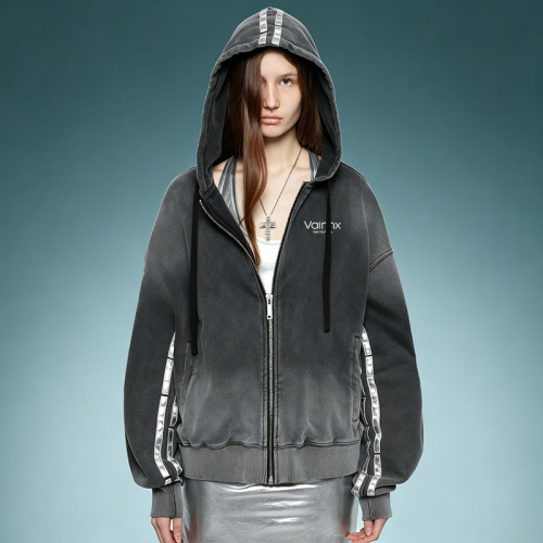 Custom Zip Up Uniex Hoodie | Acid Wash Reflective Stripe Hoodie | Streetwear Supplier