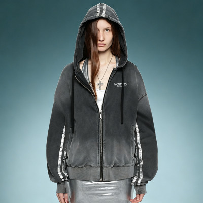 Custom Zip Up Uniex Hoodie | Acid Wash Reflective Stripe Hoodie | Streetwear Supplier