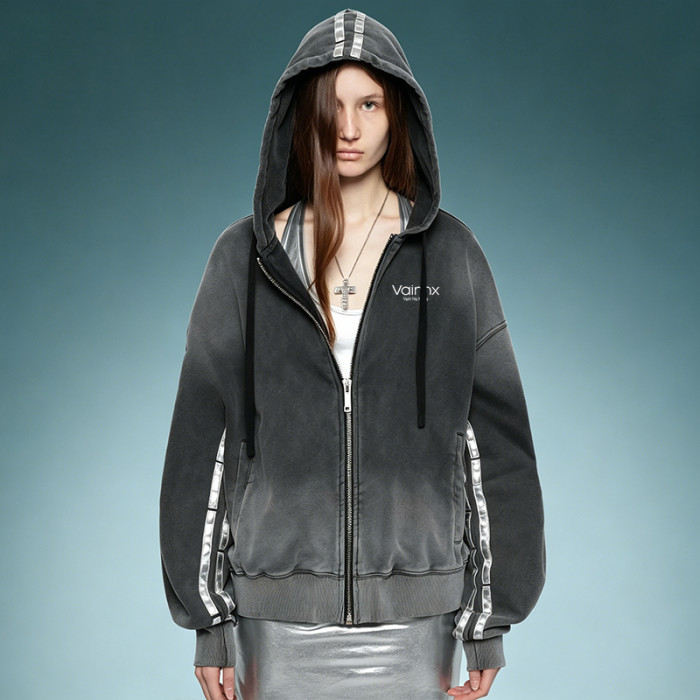 Custom Zip Up Uniex Hoodie | Acid Wash Reflective Stripe Hoodie | Streetwear Supplier