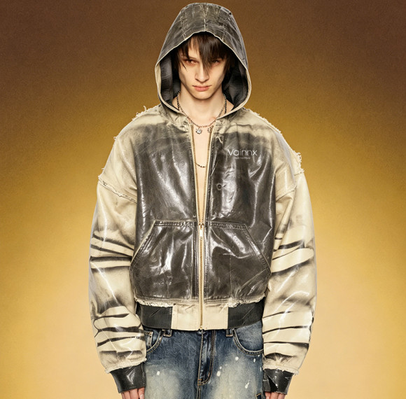 Custom Hooded Leather Jacket | Fashion Distressed Ink Print | OEM ODM Streetwear Apparel Manufacturer