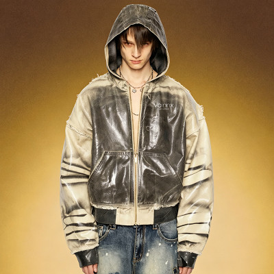 Custom Hooded Leather Jacket | Fashion Distressed Ink Print | OEM ODM Streetwear Apparel Manufacturer