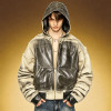 Custom Hooded Leather Jacket | Fashion Distressed Ink Print | OEM ODM Streetwear Apparel Manufacturer