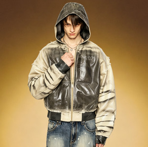 Custom Hooded Leather Jacket | Fashion Distressed Ink Print   | OEM ODM Streetwear Apparel Manufacturer