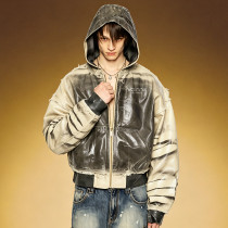Custom Hooded Leather Jacket | Fashion Distressed Ink Print   | OEM ODM Streetwear Apparel Manufacturer