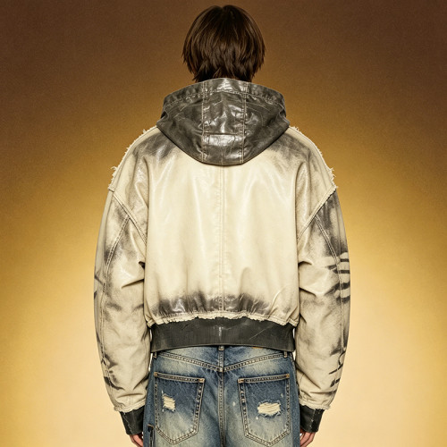 Custom Hooded Leather Jacket | Fashion Distressed Ink Print   | OEM ODM Streetwear Apparel Manufacturer