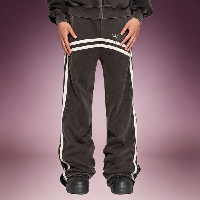 Custom Washed Stripe Sports Pants  |  Side zip Wide Leg Velour Track Pants | Streetwear Manufacturer