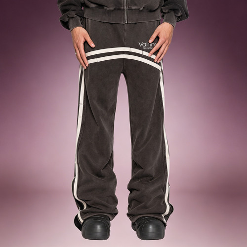Custom Washed Stripe Sports Pants  |  Side zip Wide Leg Velour Track Pants | Streetwear Manufacturer