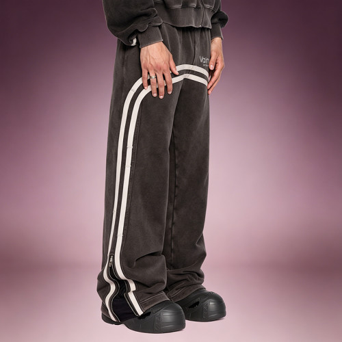 Custom Washed Stripe Sports Pants  |  Side zip Wide Leg Velour Track Pants | Streetwear Manufacturer