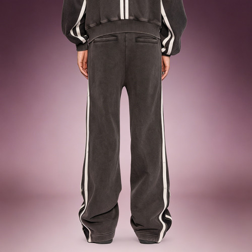Custom Washed Stripe Sports Pants  |  Side zip Wide Leg Velour Track Pants | Streetwear Manufacturer