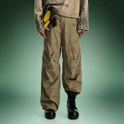 Custom Washed Streetwear Pants | Distressed Olive Cargo Pants | Loose Wide-leg Cotton Trousers