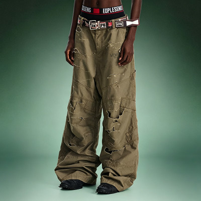Custom Washed Streetwear Pants | Distressed Olive Cargo Pants | Loose Wide-leg Cotton Trousers