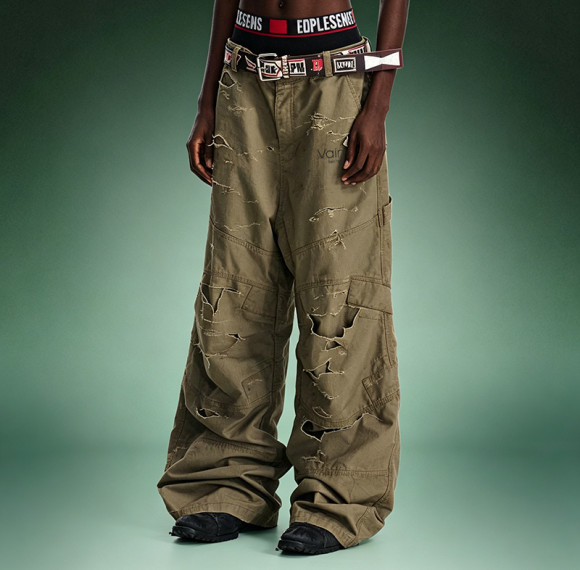 Custom Washed Streetwear Pants | Distressed Olive Cargo Pants | Loose Wide-leg Cotton Trousers