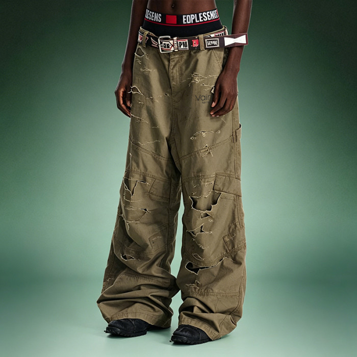 Custom Washed Streetwear Pants | Distressed Olive Cargo Pants | Loose Wide-leg Cotton Trousers