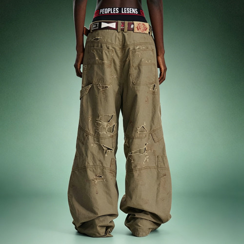 Custom Washed Streetwear Pants | Distressed Olive Cargo Pants | Loose Wide-leg Cotton Trousers