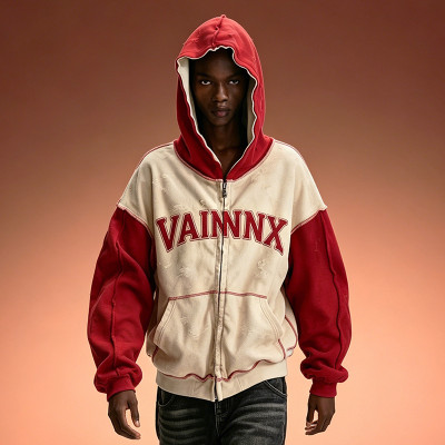 Custom Drop Shoulder Zip Up Hoodie | Distressed Color Block Hoodie | DTG Print Vintage Hoodie