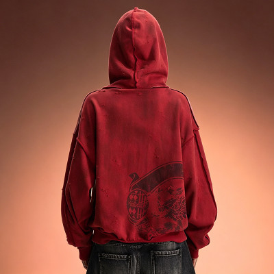 Custom Drop Shoulder Zip Up Hoodie | Distressed Color Block Hoodie | DTG Print Vintage Hoodie