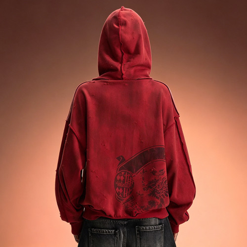 Custom Drop Shoulder Zip Up Hoodie | Distressed Color Block Hoodie | DTG Print Vintage Hoodie
