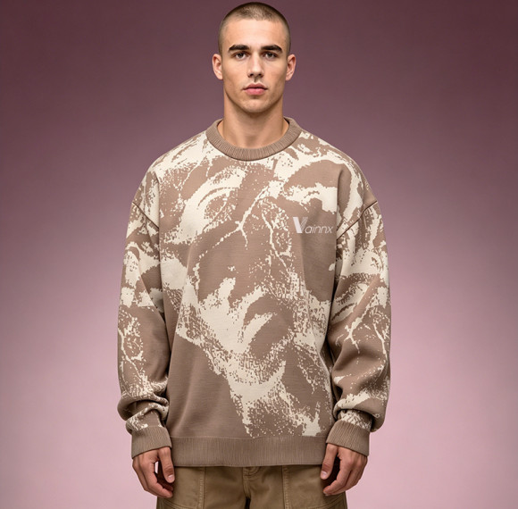 Custom Men's Long Sleeve Digital Print Tee | Heavyweight Cotton Fleece Designer T-shirt | Jacquard Knit T-shirt