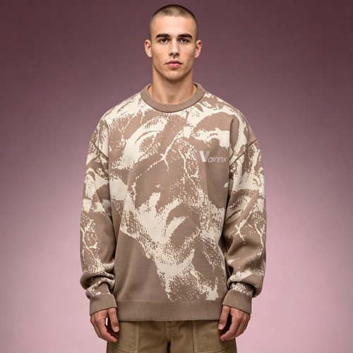 Custom Men's Long Sleeve Digital Print Tee | Heavyweight Cotton Fleece Designer T-shirt | Jacquard Knit T-shirt