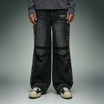 Custom Acid Washed Jeans | Rhinestone Wide Leg Cargo Pants | High Quality Streetwear Jeans Manufacturer