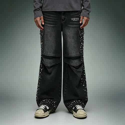 Custom Acid Washed Jeans | Rhinestone Wide Leg Cargo Pants | High Quality Streetwear Jeans Manufacturer