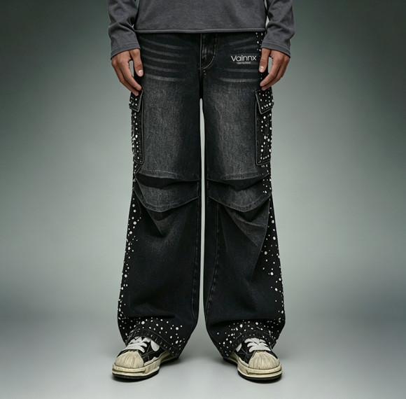 Custom Acid Washed Jeans | Rhinestone Wide Leg Cargo Pants | High Quality Streetwear Jeans Manufacturer