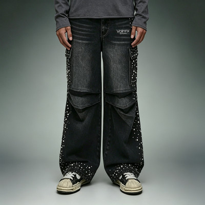 Custom Acid Washed Jeans | Rhinestone Wide Leg Cargo Pants | High Quality Streetwear Jeans Manufacturer