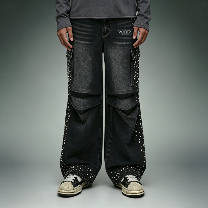 Custom Acid Washed Jeans | Rhinestone Wide Leg Cargo Pants | High Quality Streetwear Jeans Manufacturer