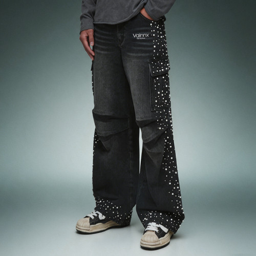 Custom Acid Washed Jeans | Rhinestone Wide Leg Cargo Pants | High Quality Streetwear Jeans Manufacturer