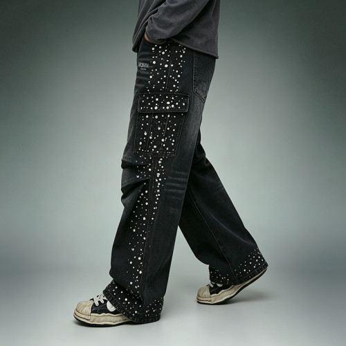 Custom Acid Washed Jeans | Rhinestone Wide Leg Cargo Pants | High Quality Streetwear Jeans Manufacturer