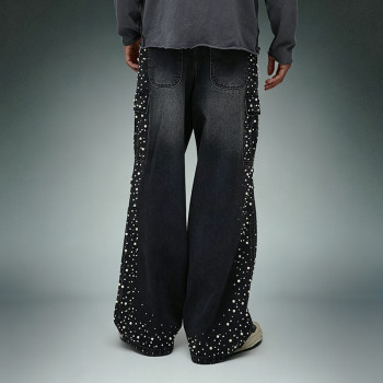 Custom Acid Washed Jeans | Rhinestone Wide Leg Cargo Pants | High Quality Streetwear Jeans Manufacturer