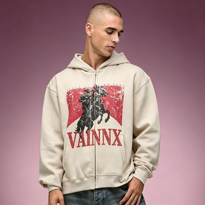 Custom Screen Print Zip Up Hoodie | Vintage Heavyweight Cotton Fleece Hoodie | Streetwear Supplier