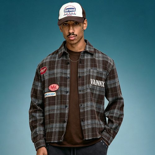 Custom 260 Gsm Cotton Plaid Shirt | Embroidery Patchwork Shirt | Men's Streetwear Shirt