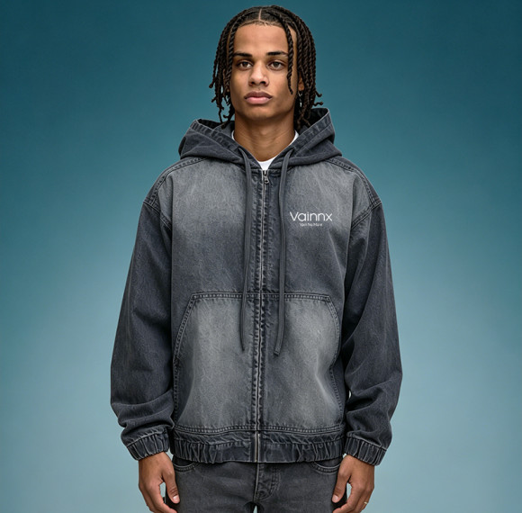 Custom Zip Up Denim Hoodie | Acid Wash Heavyweight Drawstring Hoodie | Streetwear Manufacturer
