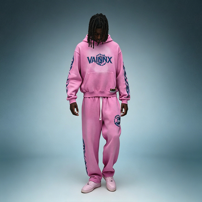 Custom DTG Print Logo Sweatsuit | Heavyweight Cotton Men's Sportswear Tracksuit | Acid Wash Hooded Sweatsuit