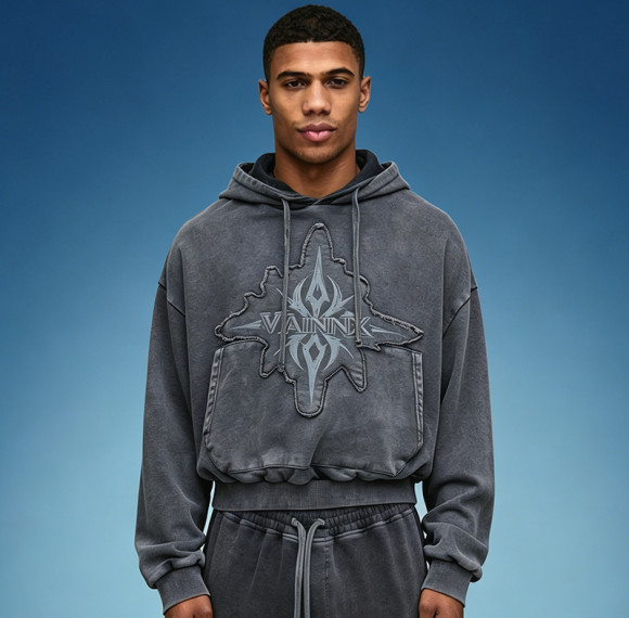 Custom Embroidery Acid Wash Pullover Hoodie | Crop Fit Hoodie | Heavyweight Cotton Drawstring Hoodie
