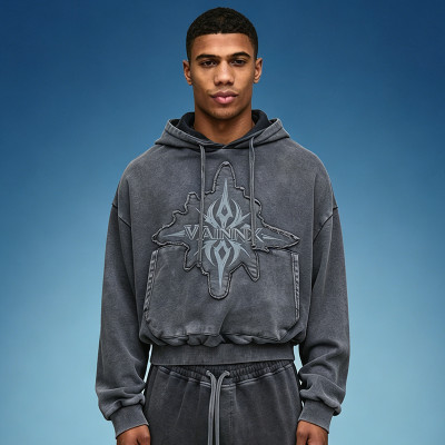 Custom Embroidery Acid Wash Pullover Hoodie | Crop Fit Hoodie | Heavyweight Cotton Drawstring Hoodie