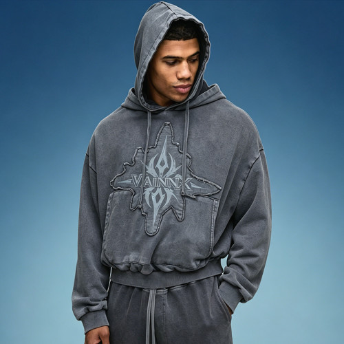 Custom Embroidery Acid Wash Pullover Hoodie | Crop Fit Hoodie | Heavyweight Cotton Drawstring Hoodie
