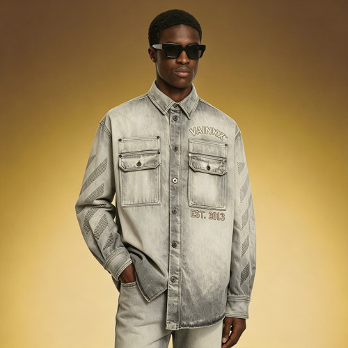 Custom Denim Oversize Shirt | Baggy Drop Shoulder Stone Wash Shirt | Long Sleeved Lapel Shirt