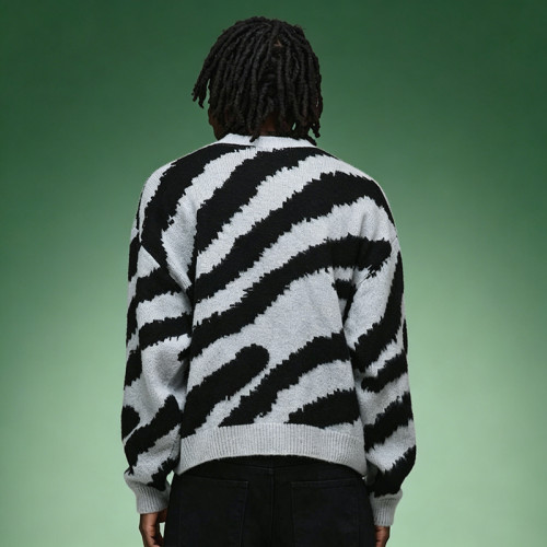 Custom Zebra Striped Crewneck Sweater | Thick Jacquard Knitted Sweater | Men's Sweater Manufacturer