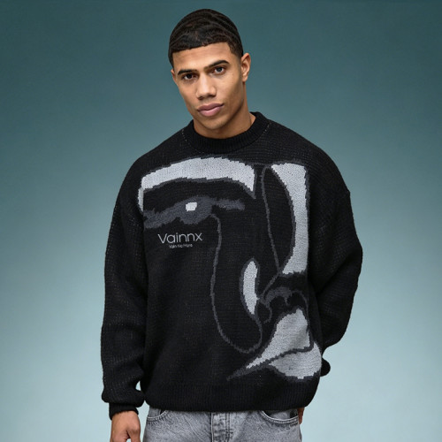 Custom Jacquard Knit Sweater | Men's Crew Neck Thick Cotton Sweater | Streetwear Apparel Manufacturer